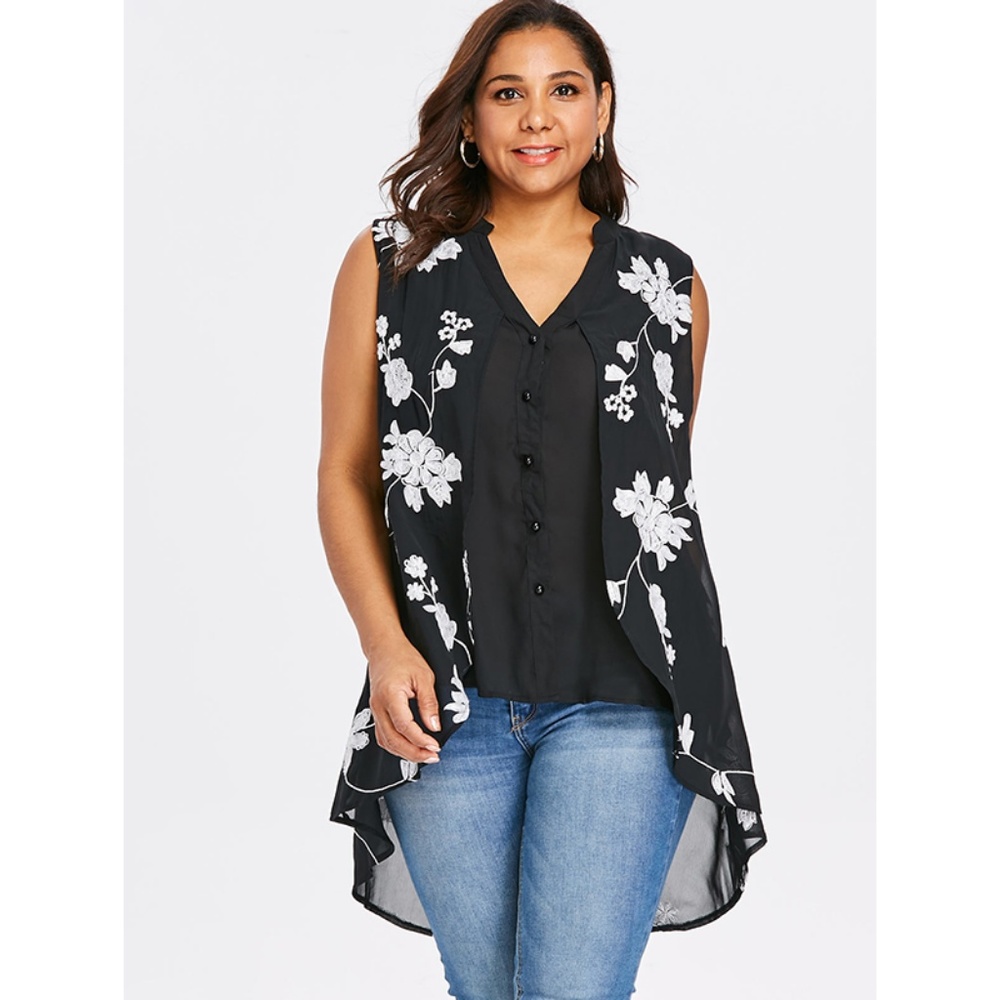 Plus Size V Neck Black & White Two Tone Blouse - Picture 2 of 8